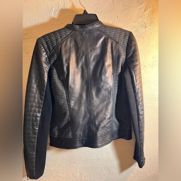 Trouve Black Quilted Bomber Jacket leather houndstooth zip up moto classic S - Picture 11 of 15